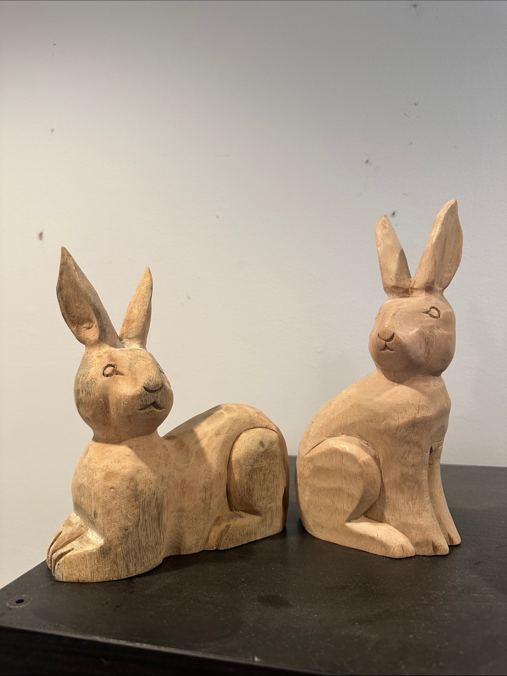 Two Hand-Carved Wood Bunny Figurine Set - Natural